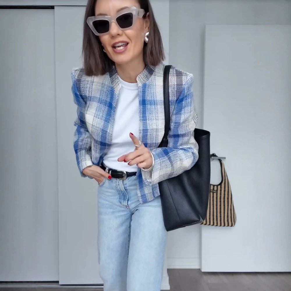 Damen Kastenförmiger karierter Kurzblazer mit Stehkragen und strukturierter Schulterpartie Shop Nory