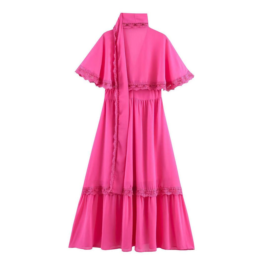 Damen Maxikleid mit Capelet, Stehkragen und Spitzenverzierung Shop Nory