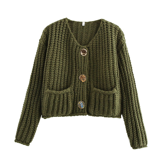 Damen Kurzcardigan im Rippen-Grobstrick mit aufgesetzten Taschen und Statementknöpfen Shop Nory
