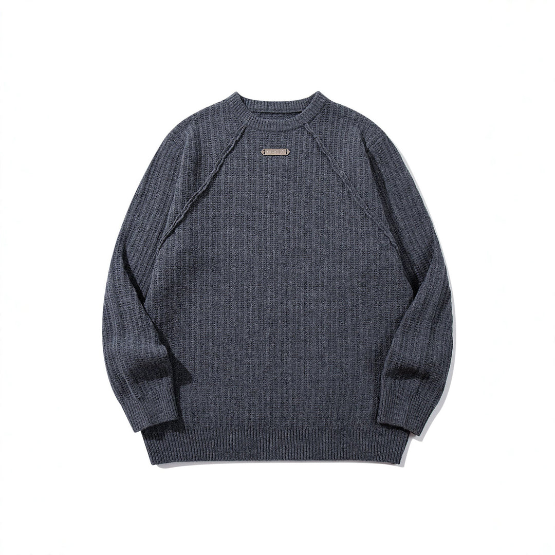 Unisex Strukturierter Waffelstrick-Rundhalspullover mit Raglanärmeln und Metall-Logo Shop Nory