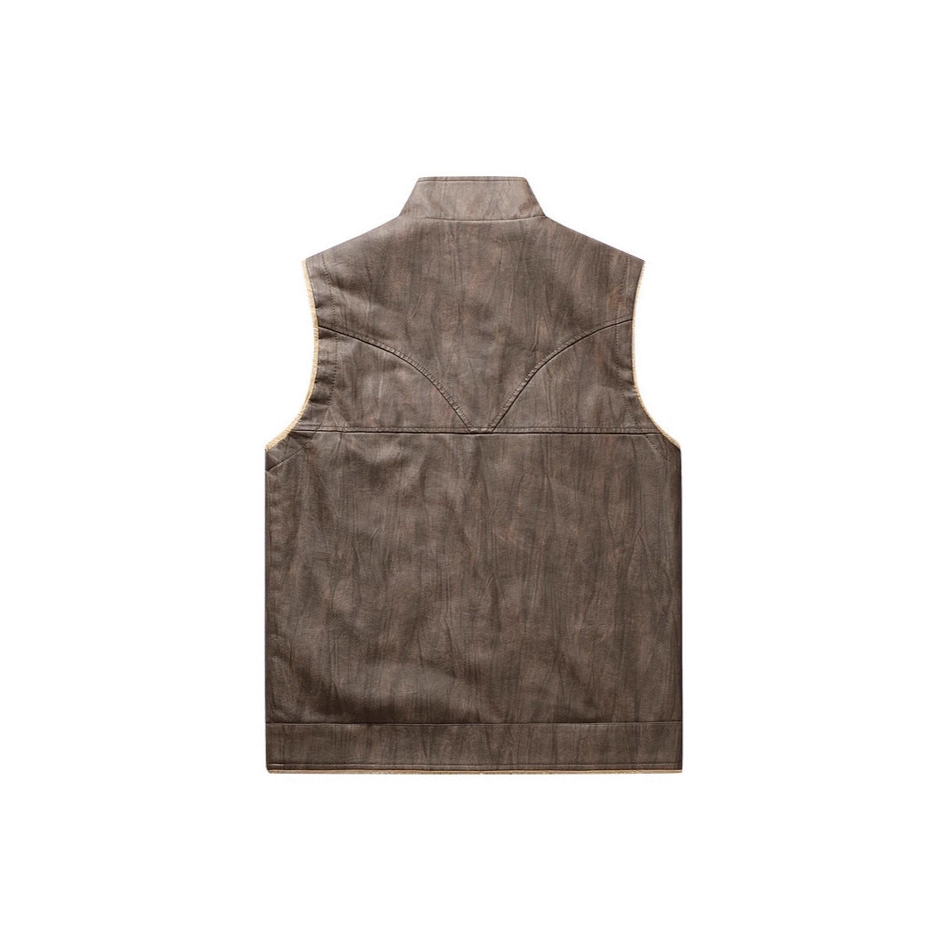 Herren Ärmellose Kunstleder-Teddyweste mit Stehkragen und Reißverschlusstaschen Shop Nory