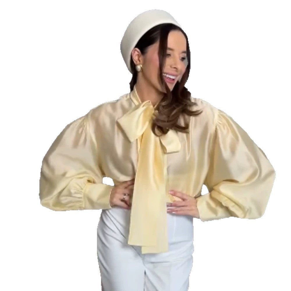 Damen Satin-Schleifenbluse mit Ballonärmeln & breiten Manschetten Shop Nory