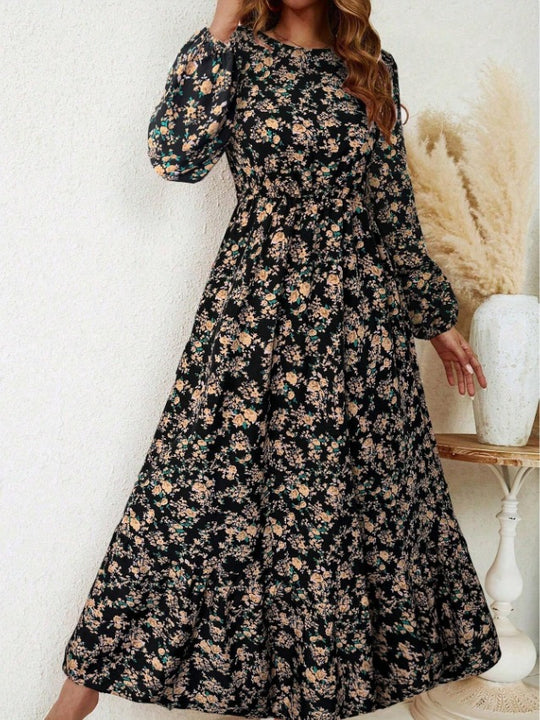 Damen Florales Midikleid mit elastischer Taillenpartie, langen Balloonärmeln und Volantstufe Shop Nory
