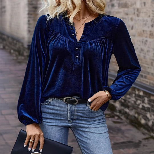 Damen Samtsweatshirt mit Henley-Knopfleiste, geraffter Brustpasse und lockerer Silhouette Shop Nory