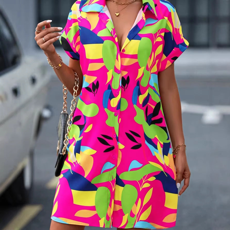 Damen Lockeres Hemdblusenkleid mit Knopfleiste, Reverskragen und floralem Print Shop Nory