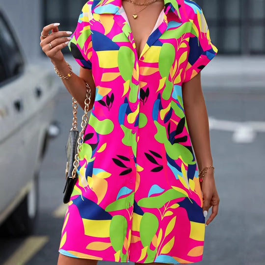 Damen Lockeres Hemdblusenkleid mit Knopfleiste, Reverskragen und floralem Print Shop Nory