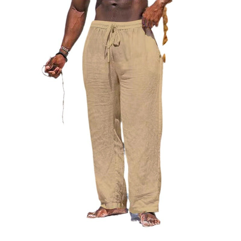 Herren lässige Strandhose aus leichtem Leinenstoff mit elastischem Bund und Kordelzug