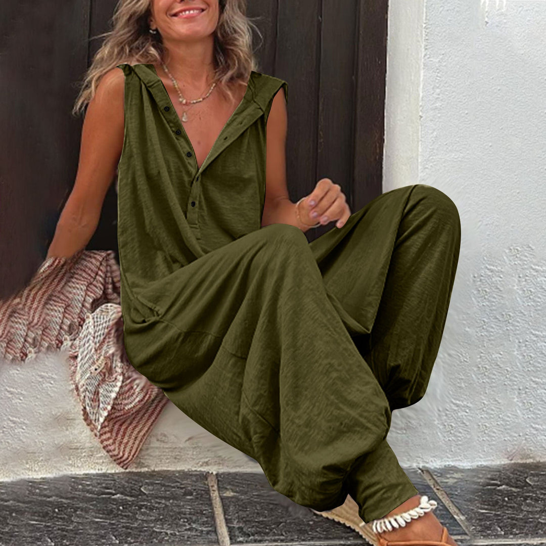 Damen Lässiger Jumpsuit mit Kapuze und Knopfverschluss