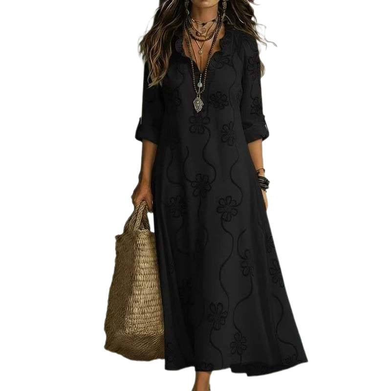 Damen Langes Boho-Maxikleid mit Blumenstickerei und V‑Ausschnitt Shop Nory