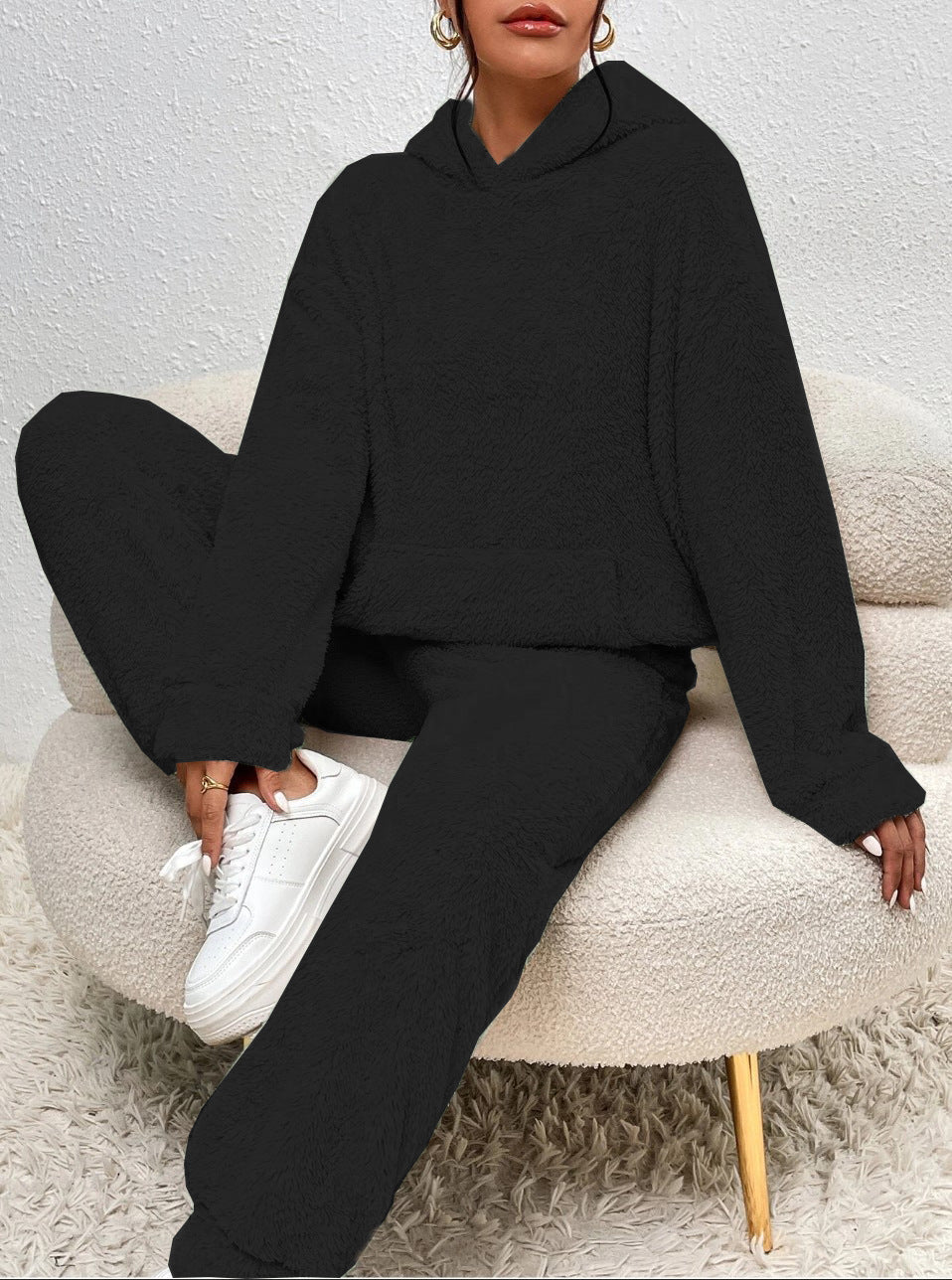 Damen nan kuscheliges Teddy-Fleece Hausanzug-Set mit Kapuze, Kängurutasche und elastischer Jogginghose Shop Nory
