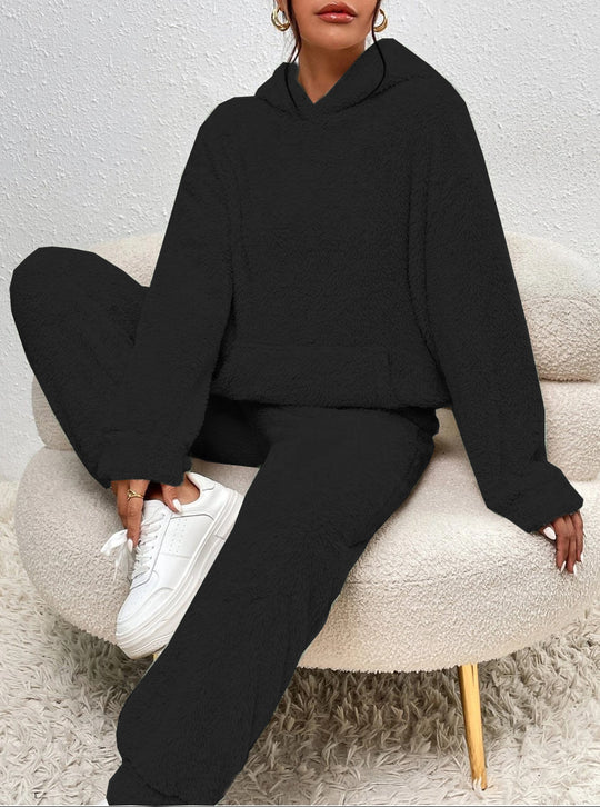 Damen nan kuscheliges Teddy-Fleece Hausanzug-Set mit Kapuze, Kängurutasche und elastischer Jogginghose Shop Nory