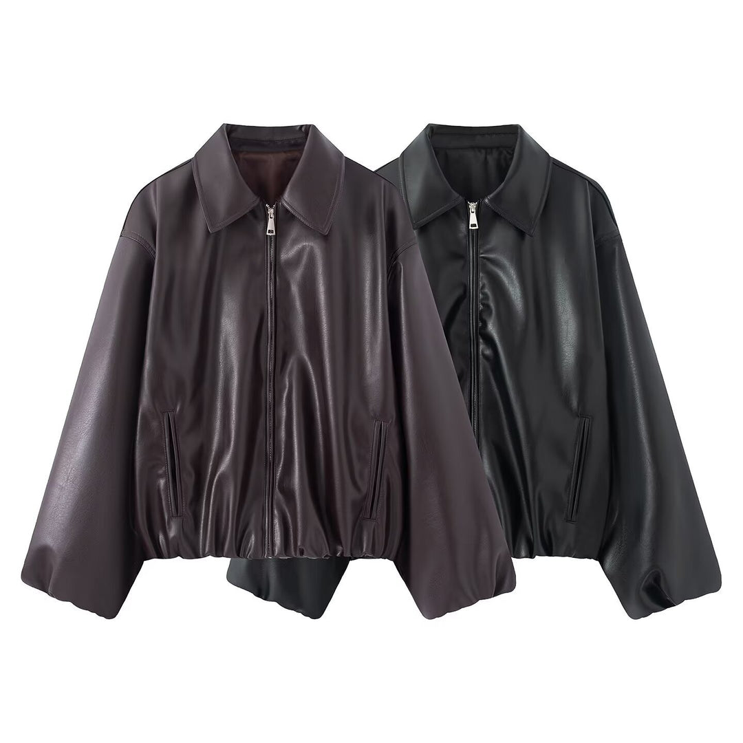 Damen Oversized Kunstleder-Blousonjacke mit Kragen, Reißverschluss und elastischem Saum Shop Nory