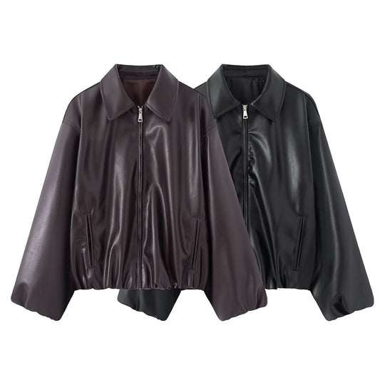 Damen Oversized Kunstleder-Blousonjacke mit Kragen, Reißverschluss und elastischem Saum Shop Nory