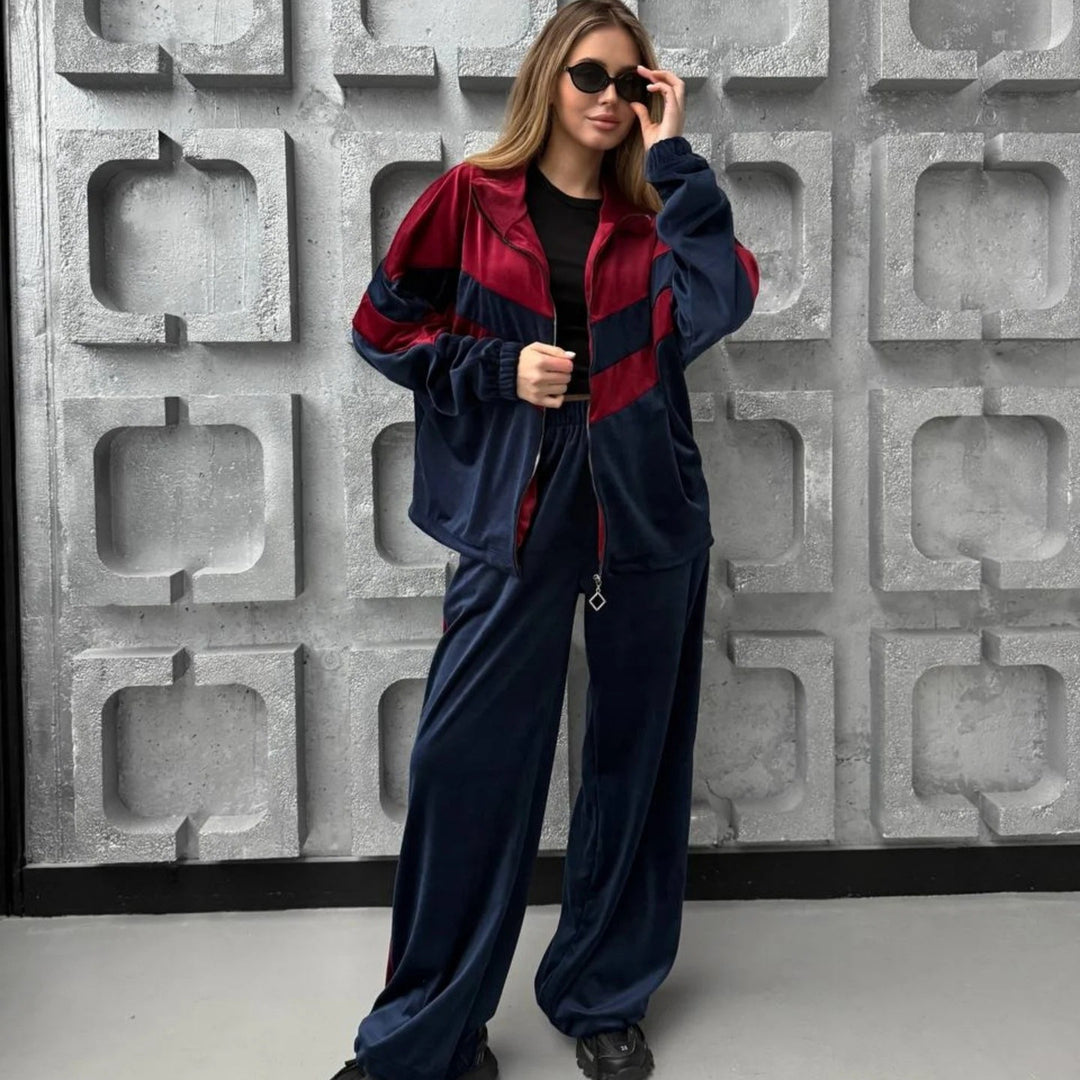 Damen Retro-inspiriertes Samt-Trackset mit Chevron-Design, Stehkragen und weiter High-Waist-Jogger Shop Nory