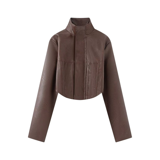 Damen Cropped Lederoptik‑Jacke mit taillierter Korsett‑Teilung und Stehkragen Shop Nory