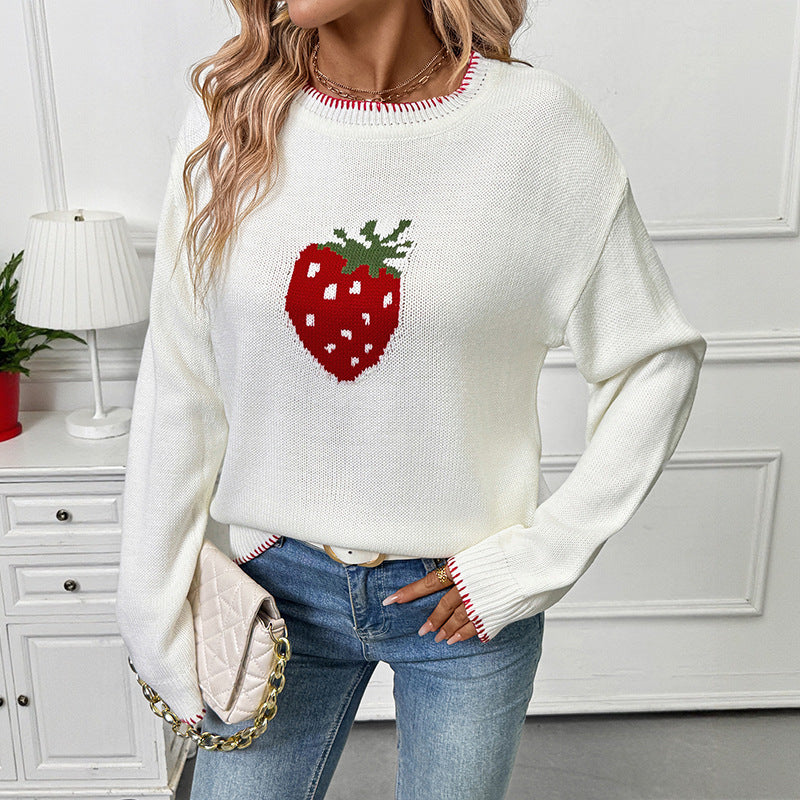 Damen Lässiger Boxy-Strickpullover mit Erdbeer‑Intarsie, geripptem Saum und Rundhalsausschnitt Shop Nory