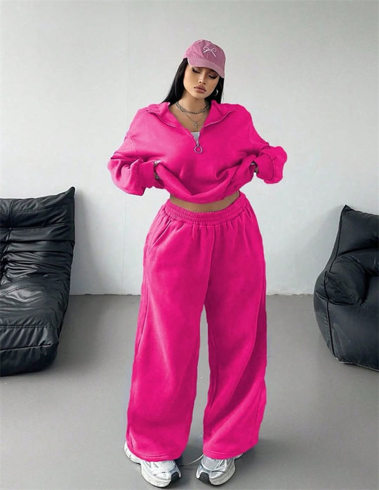 Damen Samt-Cropped-Ziphoodie und weit geschnittene High-Waist Palazzo-Jogginghose Shop Nory