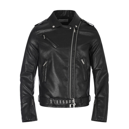 Herren taillierte Bikerjacke aus Kunstleder mit asymmetrischem Reißverschluss und Nieten-Taillengürtel Shop Nory