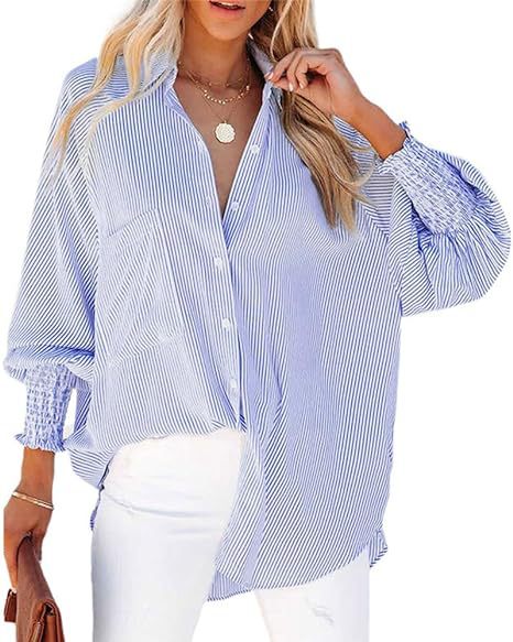 Damen legere Hemdbluse mit modischen Rüschenärmeln und Streifenmuster Shopnory
