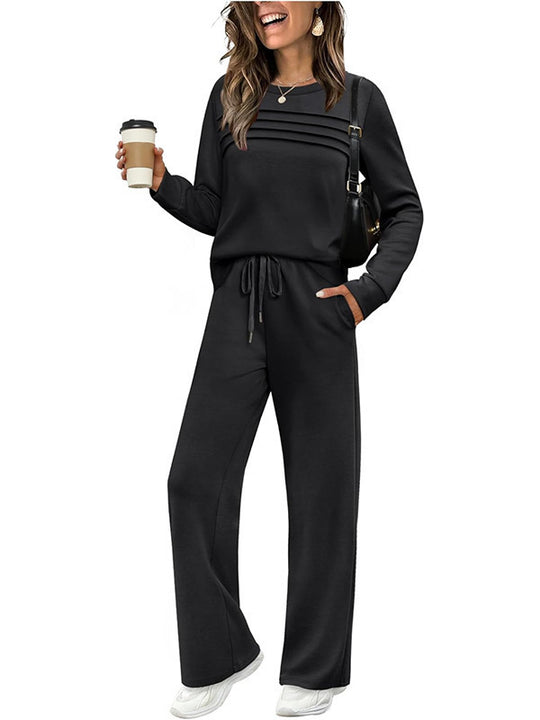 Damen Zweiteiliges Lounge-Set mit Plissee-Detail, Rundhals-Sweatshirt und weitem Kordel-Hose Shop Nory