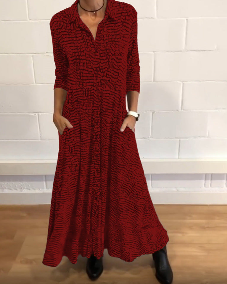 Damen nan fließendes Maxikleid mit Hemdblusenkragen, V-Ausschnitt, dreiviertelärmeln und Seitentaschen