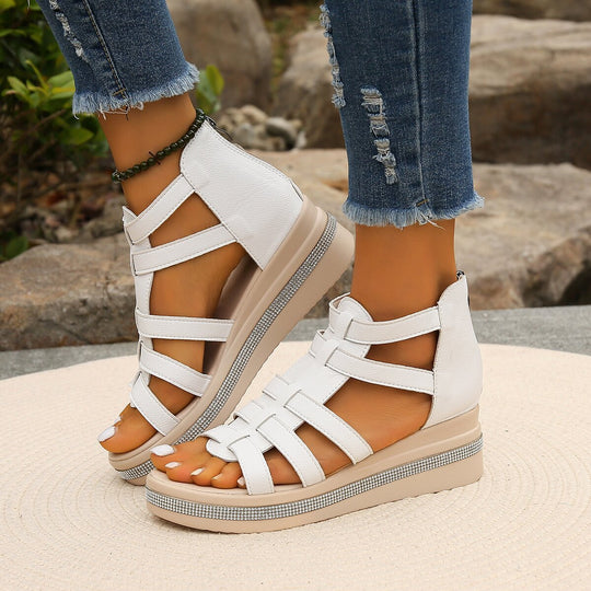Damen Wedge-Sandalen mit komfortablem Fußbett und dekorativem Riemendesign Shopnory