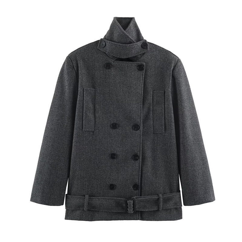 Herren Kurzer doppeltreihiger Wollmantel mit Stehkragen und Taillengürtel Shop Nory