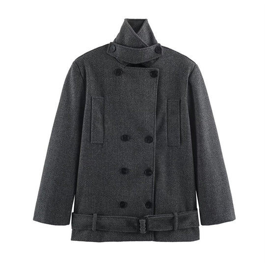 Herren Kurzer doppeltreihiger Wollmantel mit Stehkragen und Taillengürtel Shop Nory