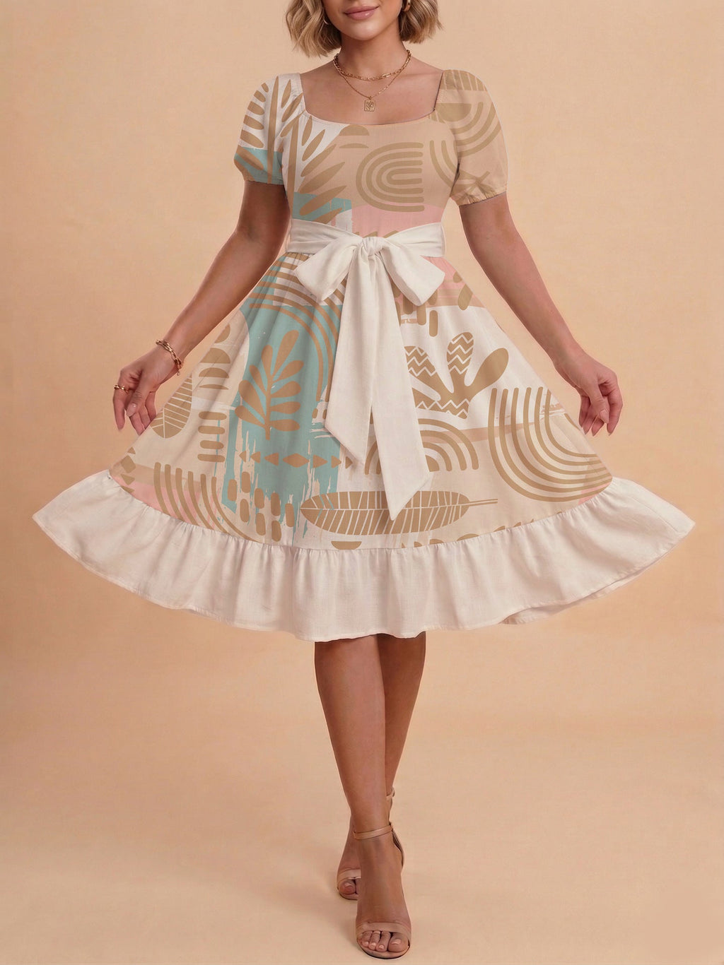 Damen Sommerliches Blumenkleid mit taillierbarem Gürtel und voluminösen Ärmeln
