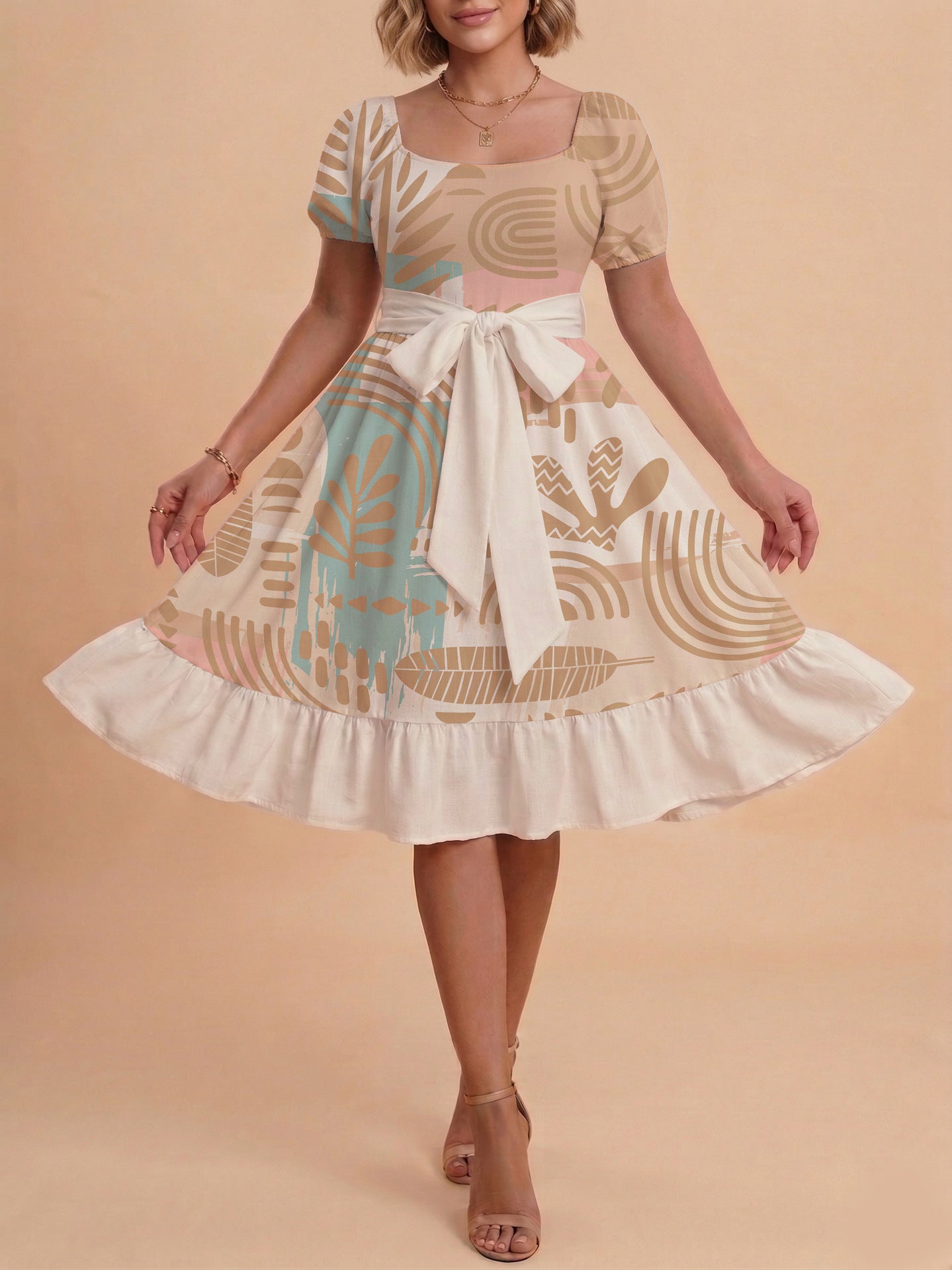 Damen Sommerliches Blumenkleid mit taillierbarem Gürtel und voluminösen Ärmeln