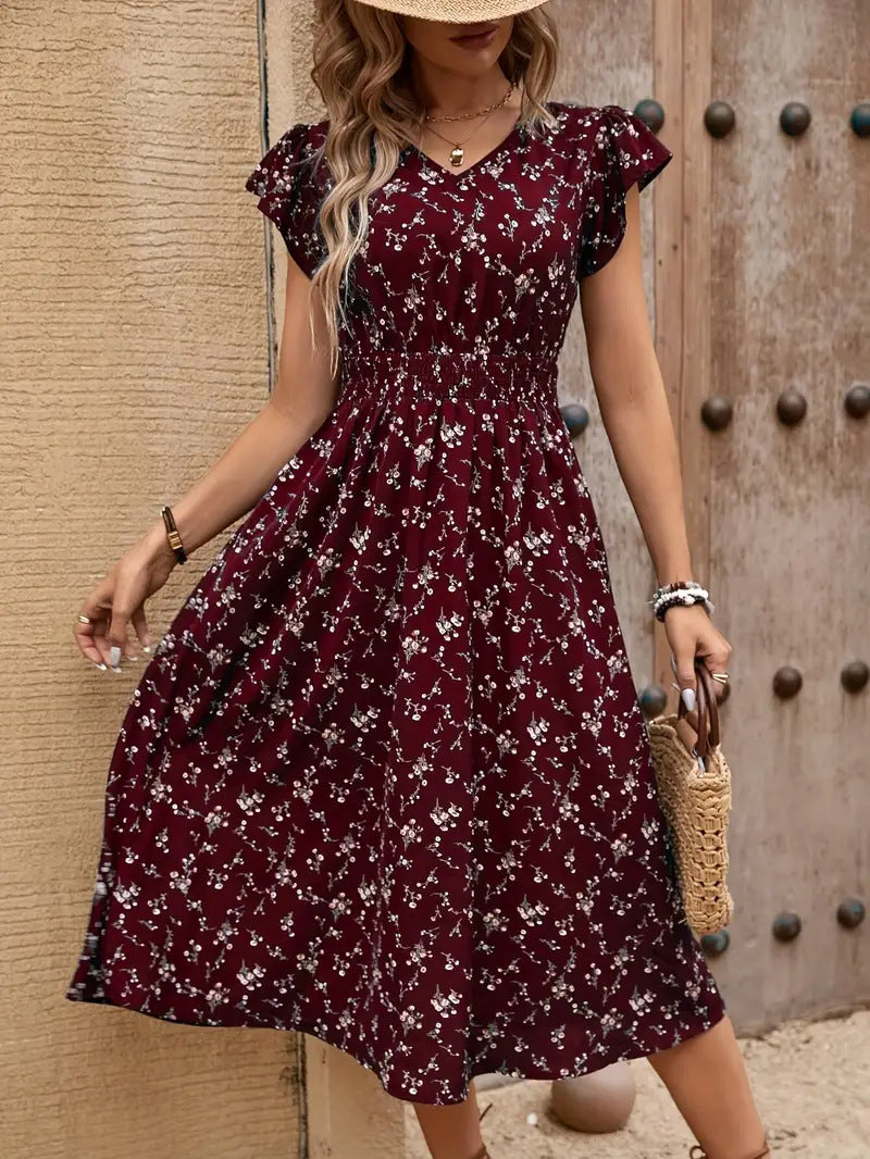 Damen Midikleid mit elastischem Tailleneinsatz und Rüschenärmeln
