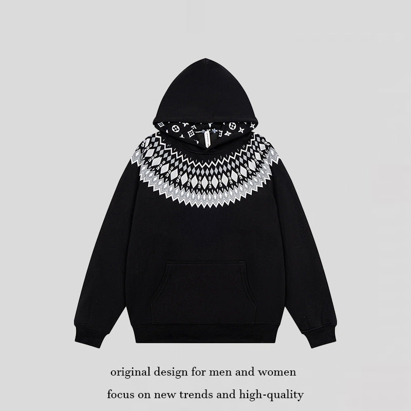 Unisex Oversize Kapuzenpullover mit nordischem Rundpasse-Jacquard, Kängurutasche und Rippbündchen Shop Nory