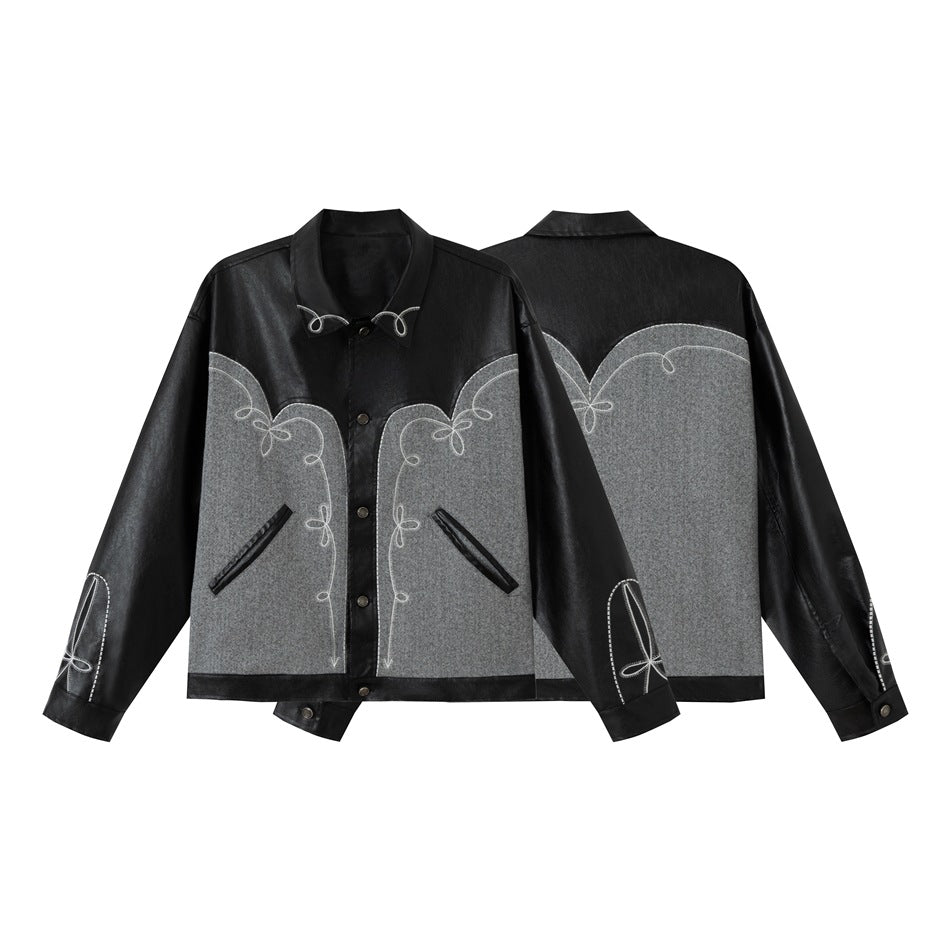 Unisex Boxy-Blouson aus Lederimitat und Wollmix mit Westernstickerei Shop Nory