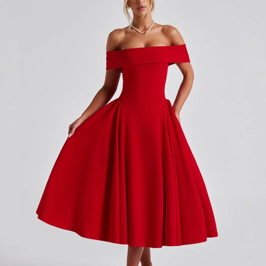 Damen Cocktailkleid mit schulterfreiem Design und voluminösem Rock