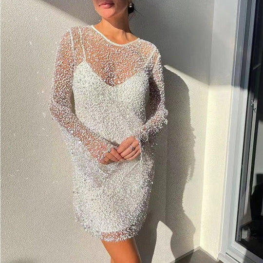 Damen Glitzerndes Cocktailkleid mit schimmernden Pailletten und langen Ärmeln