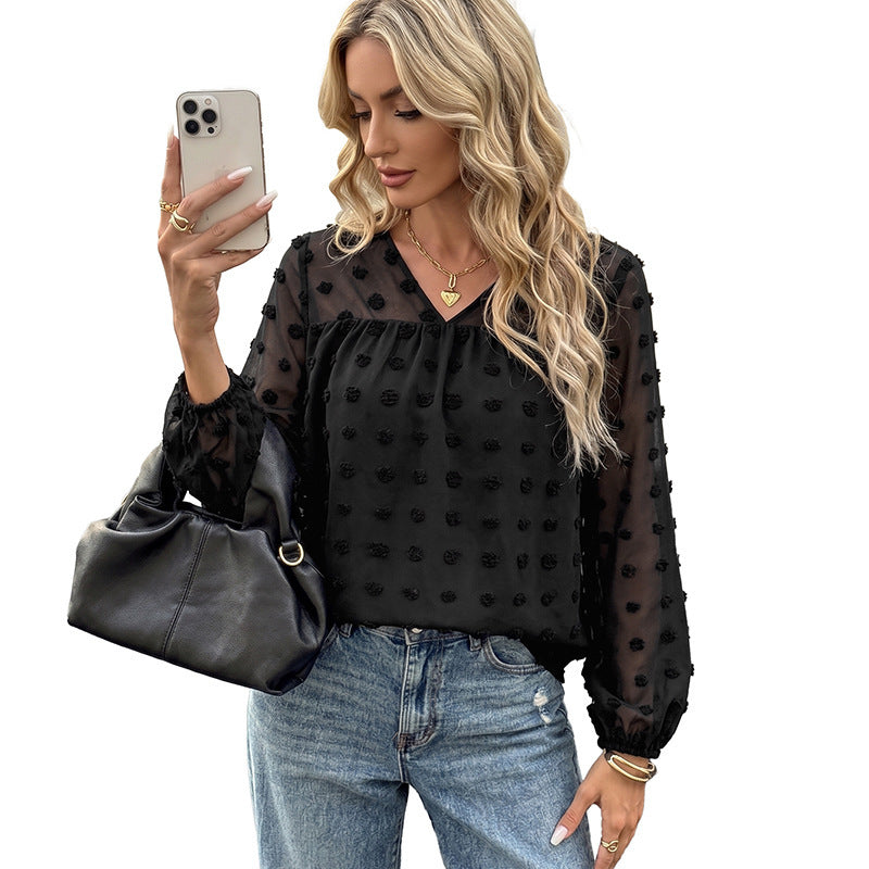Damen Elegante Chiffonbluse mit 3D-Pompon-Applikation, V-Ausschnitt und elastischen Manschetten Shop Nory