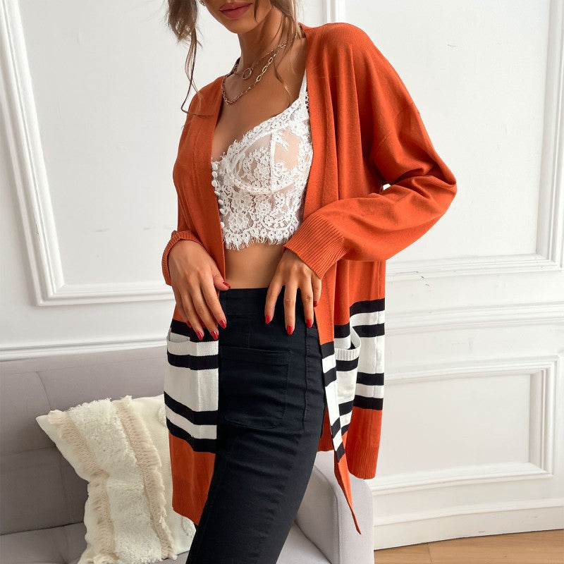 Damen Longline-Cardigan mit Kontraststreifen, aufgesetzten Taschen & Rippbündchen Shop Nory