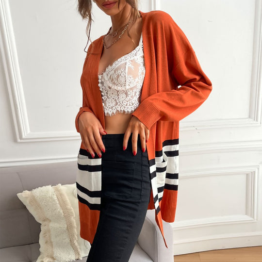 Damen Longline-Cardigan mit Kontraststreifen, aufgesetzten Taschen & Rippbündchen Shop Nory