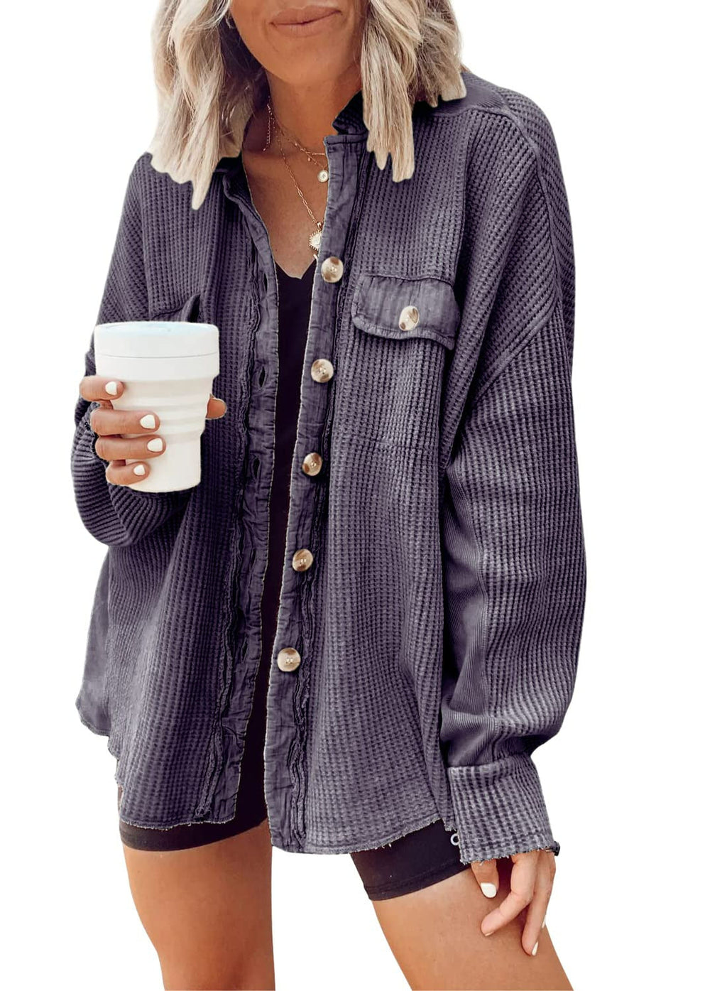 Damen Lässige Waffle-Strickjacke mit praktischen Taschen und Knopfdetails