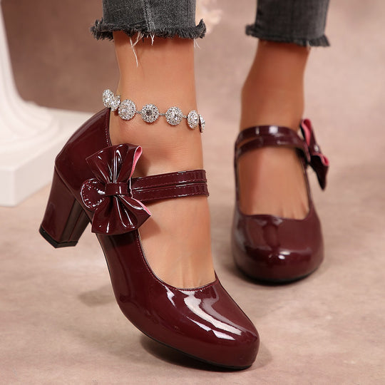 Damen Lack-Mary-Jane Pumps mit dekorativer Schleife und mittelhohem Blockabsatz Shop Nory