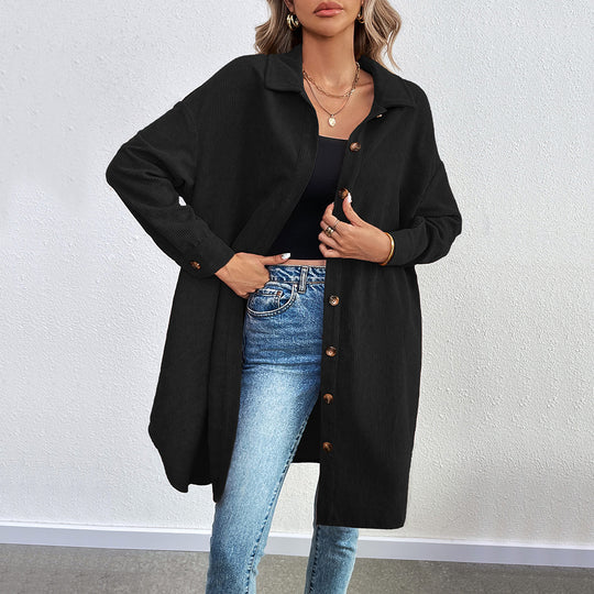 Damen lange Oversize-Cord-Hemdjacke mit durchgehender Knopfleiste und Hemdblusen-Kragen Shop Nory