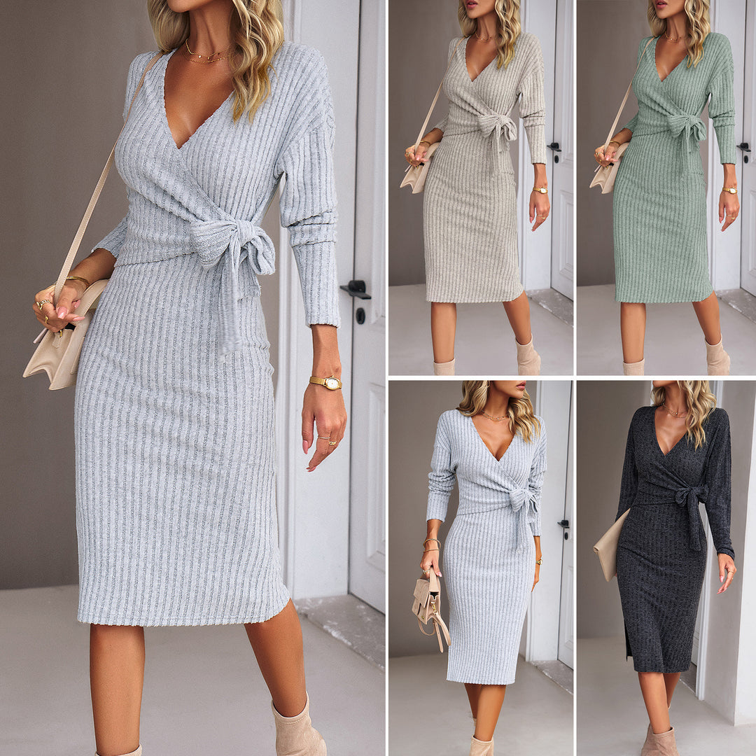 Damen Rippstrick-Wickelmidikleid mit Taillenschleife Shop Nory