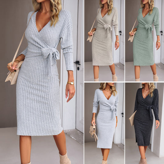 Damen Rippstrick-Wickelmidikleid mit Taillenschleife Shop Nory