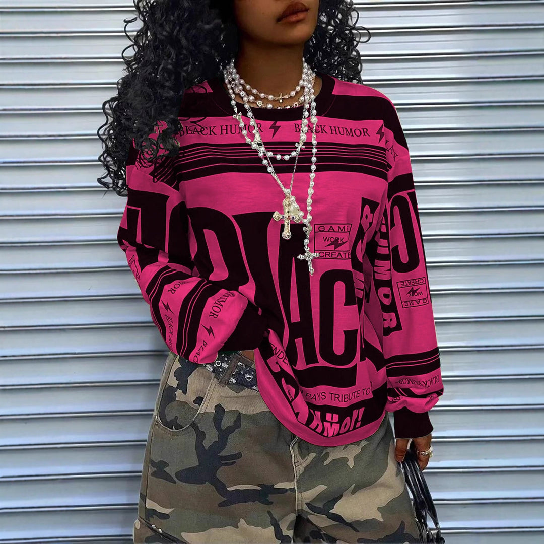 Damen Oversize‑Longsleeve Sweatshirt mit Allover‑Grafik, Rundhalsausschnitt und gerippten Bündchen Shop Nory