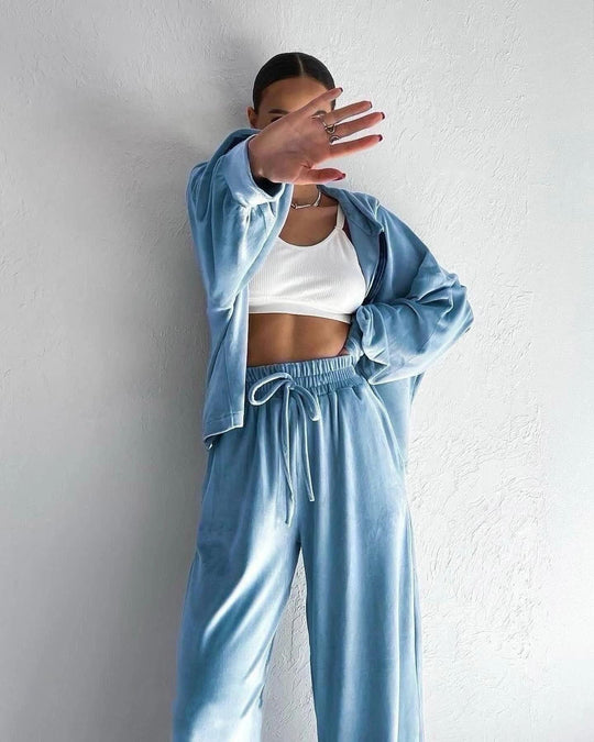 Damen luxuriöses Velours-Lounge-Set mit kurzem Reißverschluss-Hoodie und weitem High-Waist-Hose Shop Nory