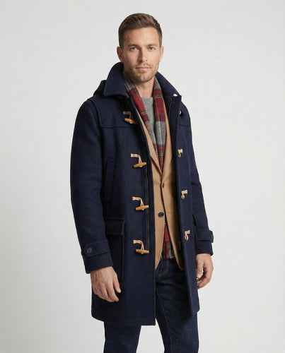 Herren stilvoller Dufflecoat aus hochwertiger Wolle mit Kapuze und praktischen Knöpfen