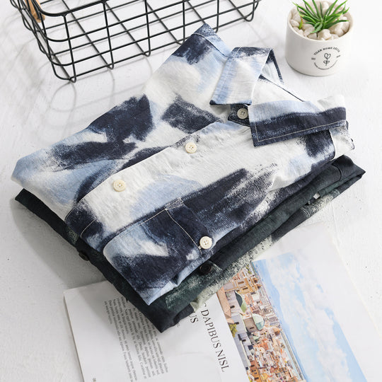 Herren Langarm-Hemdjacke mit abstraktem Pinselprint und feiner Crinkle‑Struktur Shop Nory