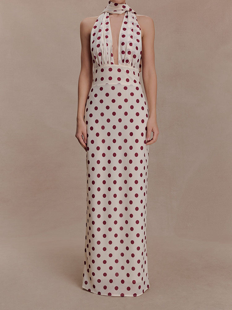 Damen Halter-Maxi-Kleid mit klassischen Punkten Shopnory
