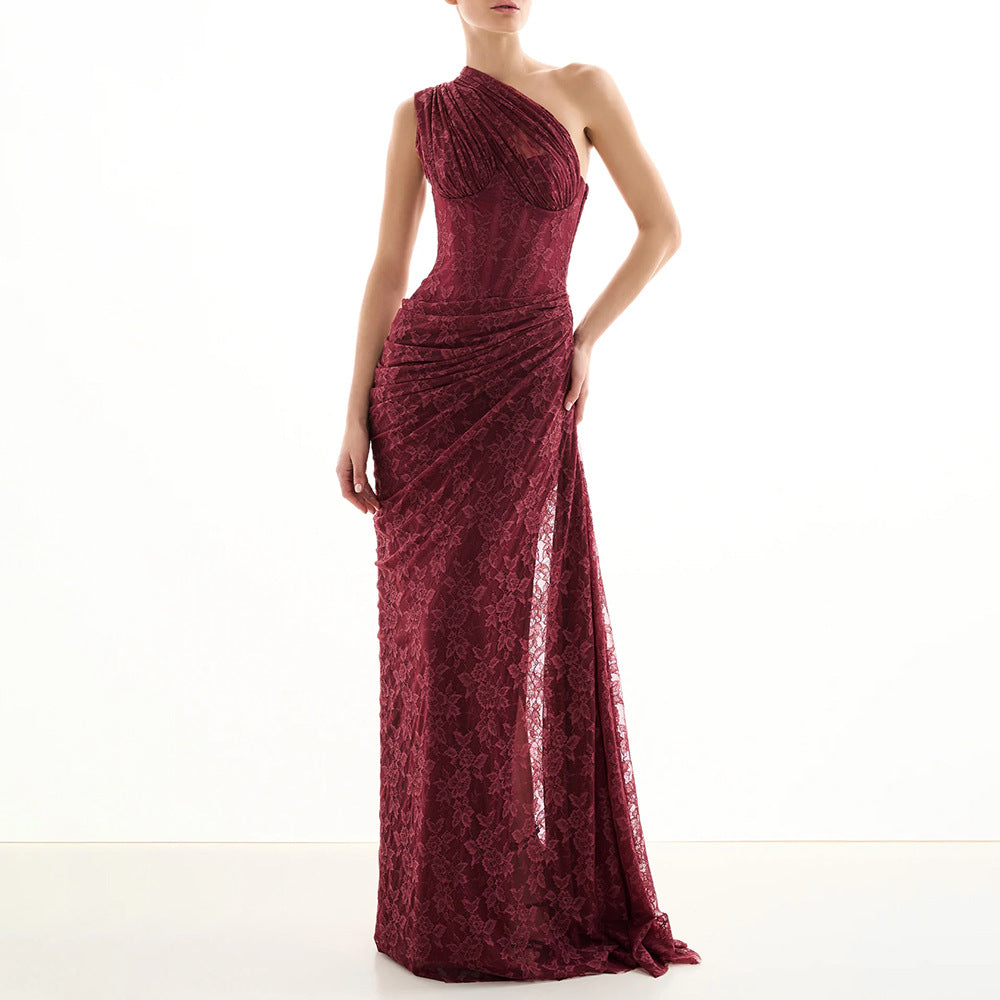 Damen elegantes Abendkleid mit asymmetrischem One-Shoulder-Design und floralem Spitzenbesatz