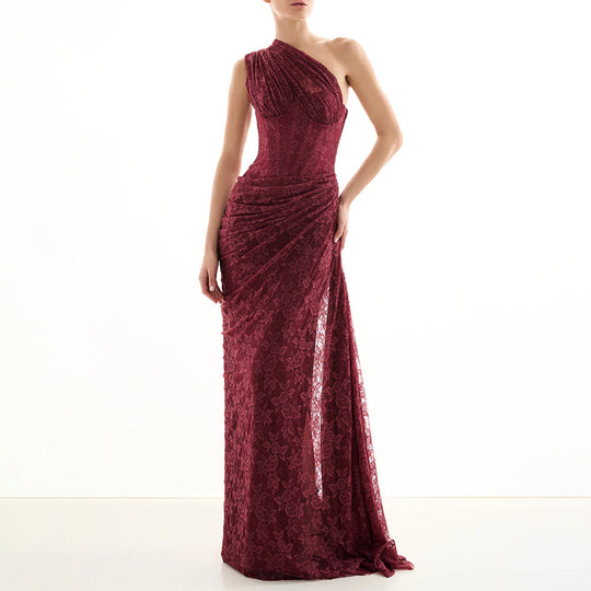 Damen elegantes Abendkleid mit asymmetrischem One-Shoulder-Design und floralem Spitzenbesatz